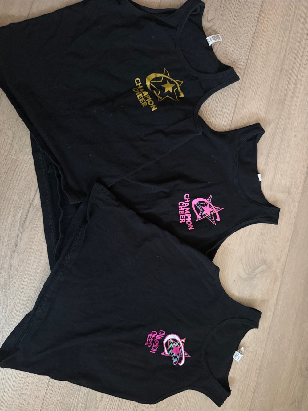 Kids Black Champion Cheer Tank Top - Gold & Pink Logos